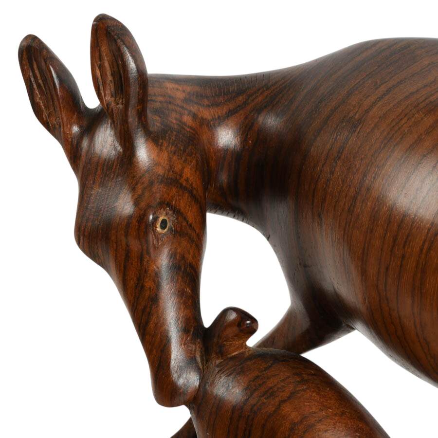 Mid-Century Carved Exotic Wood Mother and Fawn Deer Sculpture-7