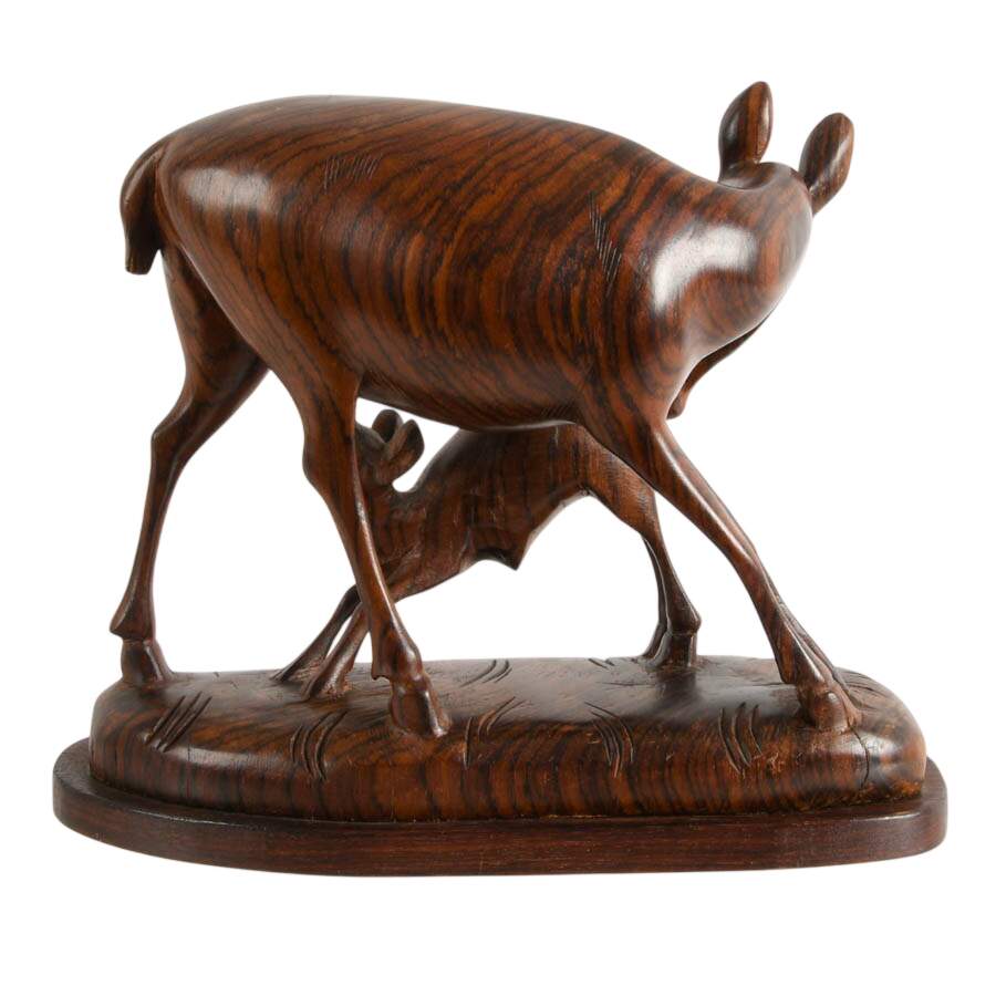 Mid-Century Carved Exotic Wood Mother and Fawn Deer Sculpture-6