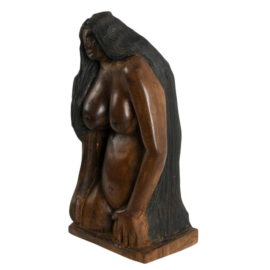 Hand-Carved Exotic Wood Southeast Asia Signed Nude Statue-3