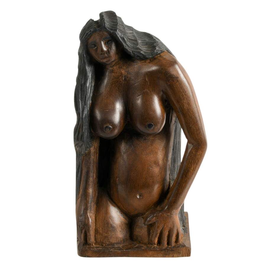 Hand-Carved Exotic Wood Southeast Asia Signed Nude Statue-1