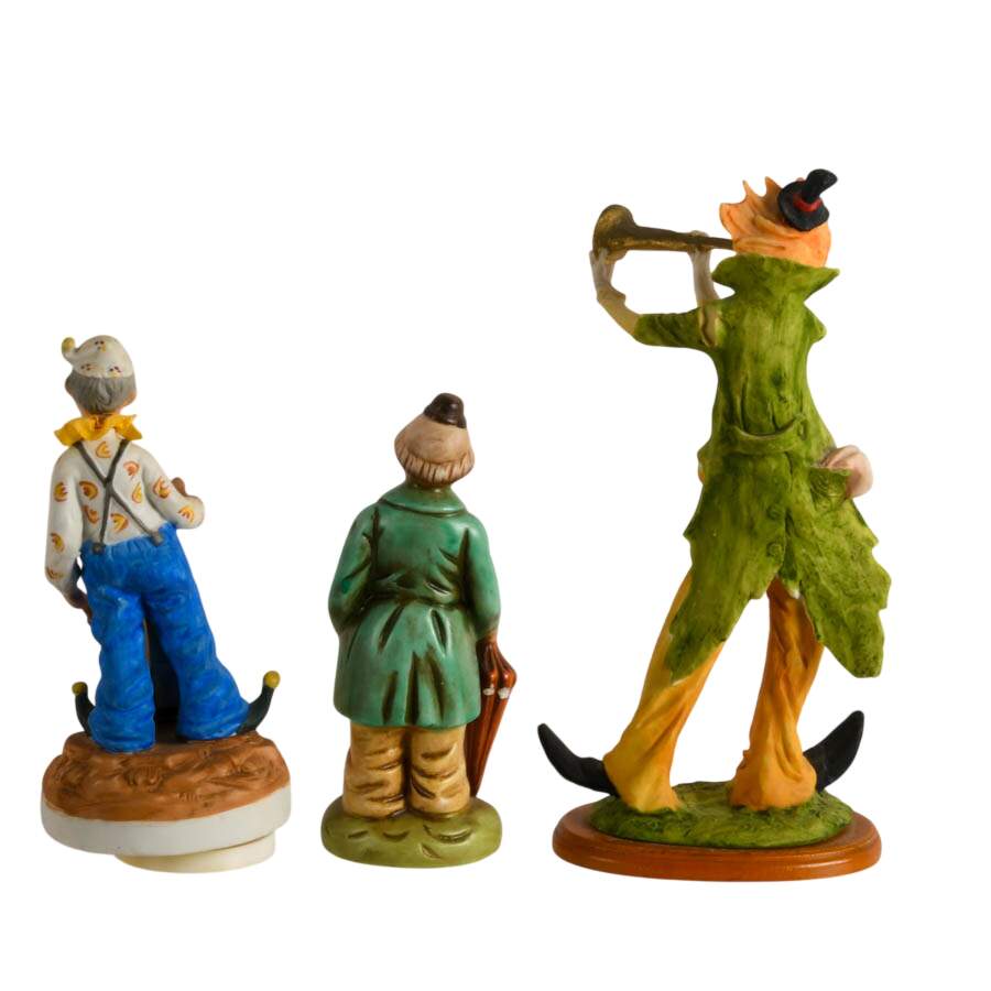Trio of Bisque Clown Figurines Including Music Box-4