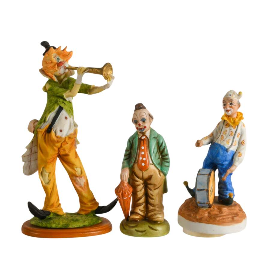 Trio of Bisque Clown Figurines Including Music Box-1
