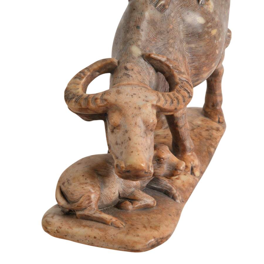 Antique Chinese Carved Soapstone Water Buffalo and His Boy Figurine-7
