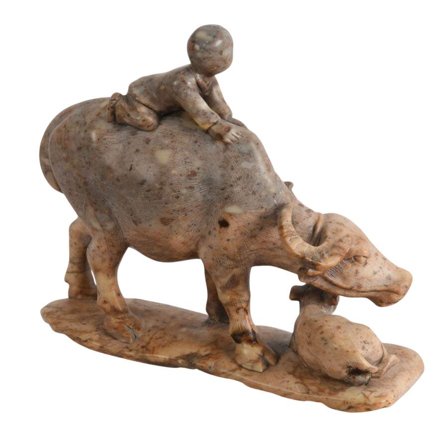 Antique Chinese Carved Soapstone Water Buffalo and His Boy Figurine-6