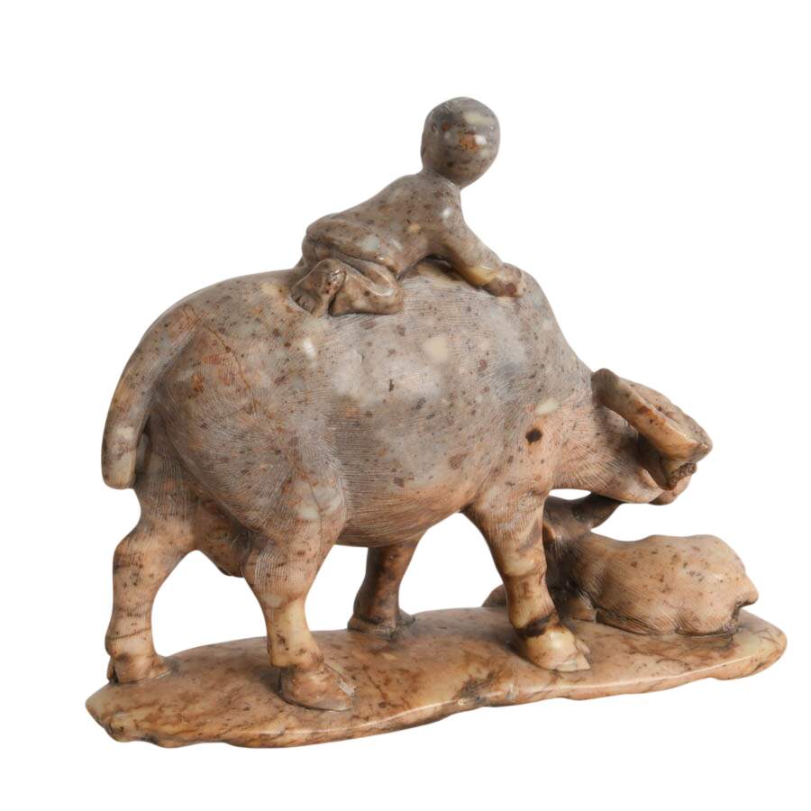 Antique Chinese Carved Soapstone Water Buffalo and His Boy Figurine-5