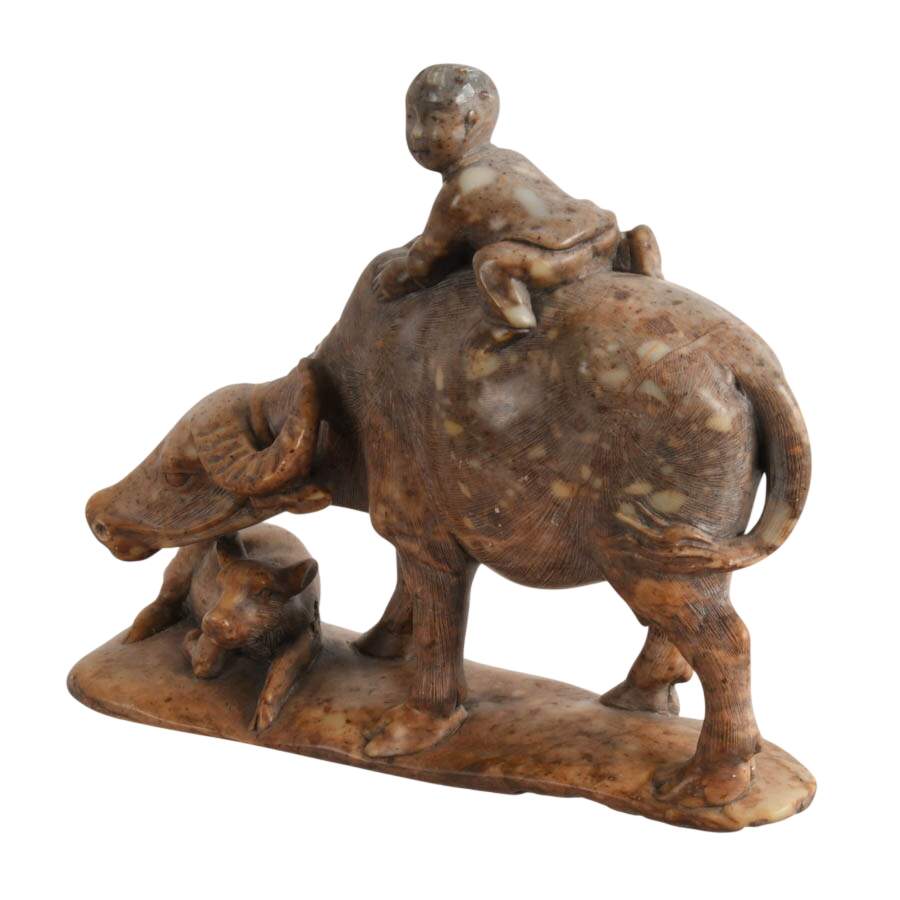 Antique Chinese Carved Soapstone Water Buffalo and His Boy Figurine-4