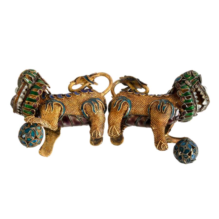Pair of Chinese Brass and Enamel Imperial Lion Temple Protector Figurines-6