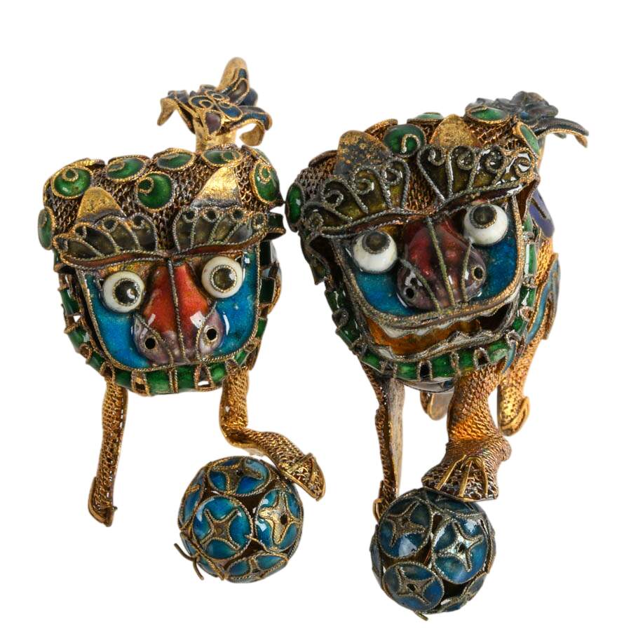 Pair of Chinese Brass and Enamel Imperial Lion Temple Protector Figurines-5