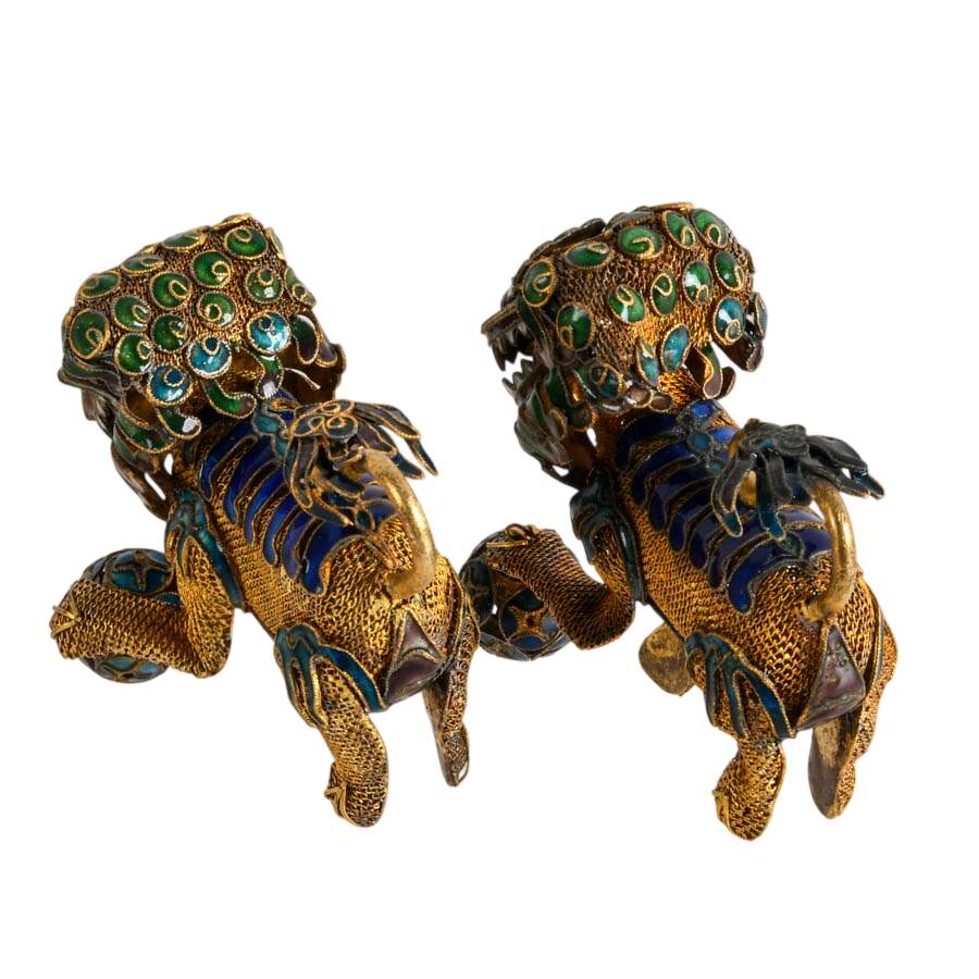 Pair of Chinese Brass and Enamel Imperial Lion Temple Protector Figurines-3