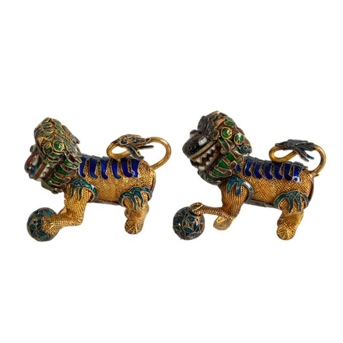 Pair of Chinese Brass and Enamel Imperial Lion Temple Protector Figurines-2
