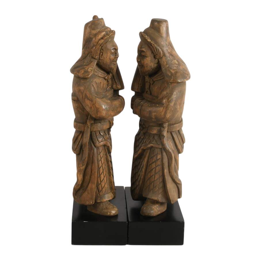 Pair of Carved Wooden Chinese Guardian Figures on Bases-9
