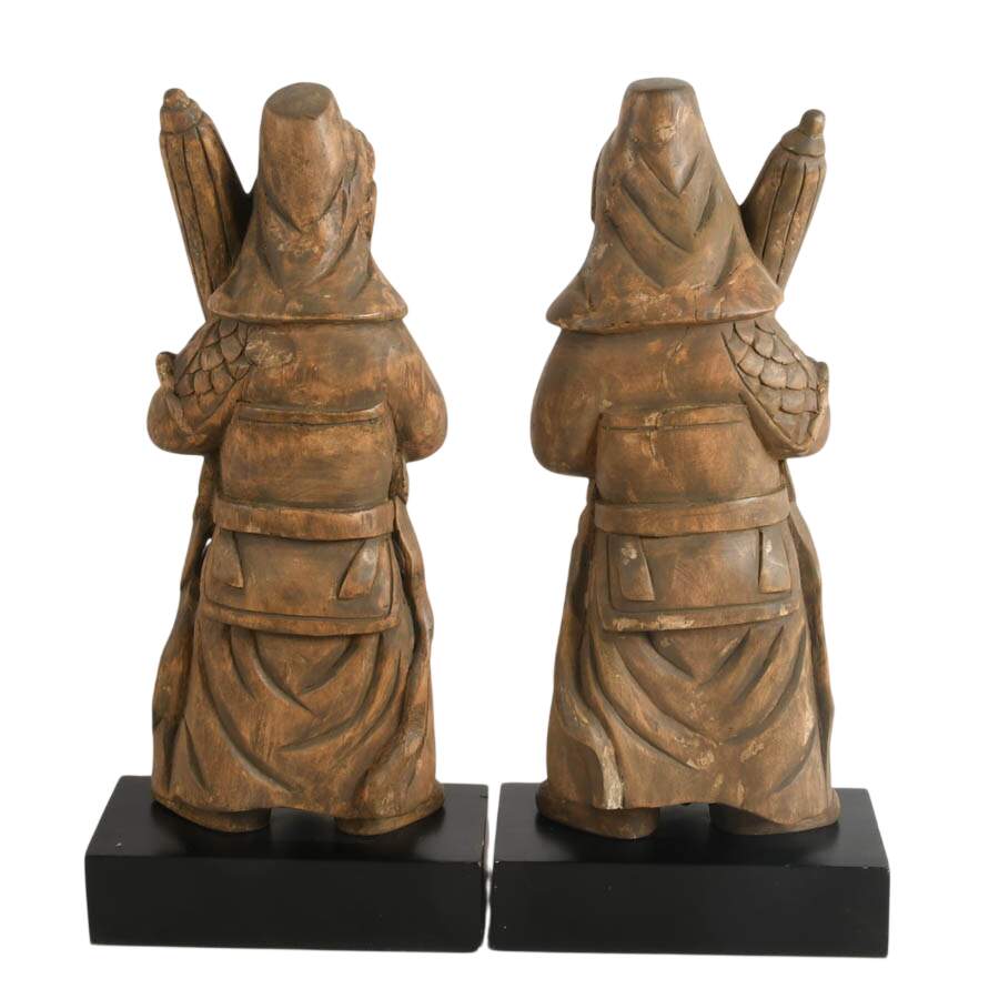 Pair of Carved Wooden Chinese Guardian Figures on Bases-7