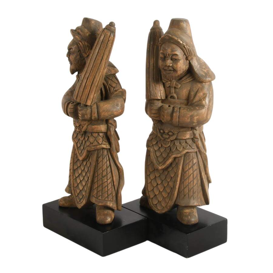 Pair of Carved Wooden Chinese Guardian Figures on Bases-5