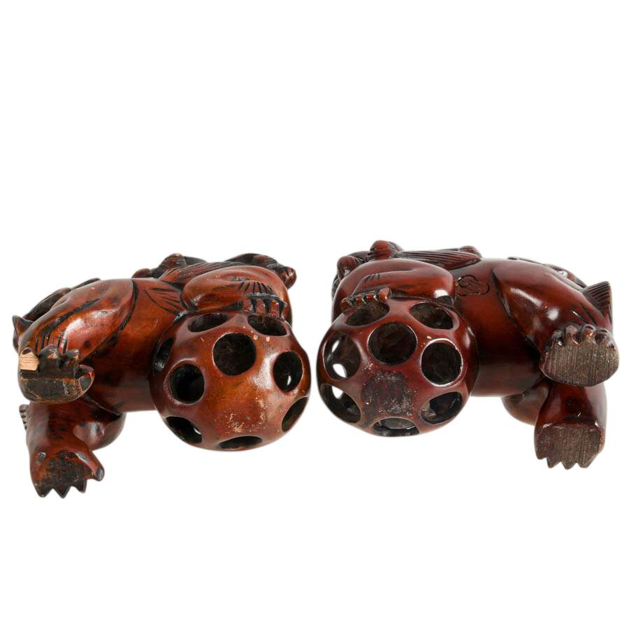 Pair of Hand-Carved Chinese Hard Wood Imperial Lions Figures-9
