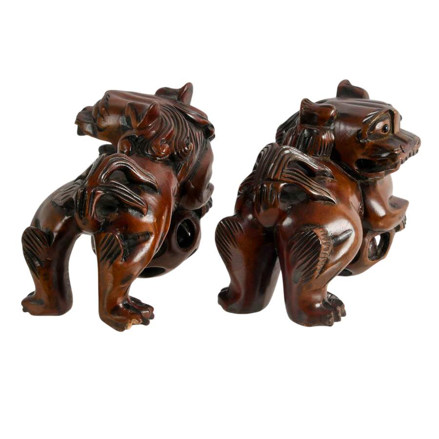 Pair of Hand-Carved Chinese Hard Wood Imperial Lions Figures-5