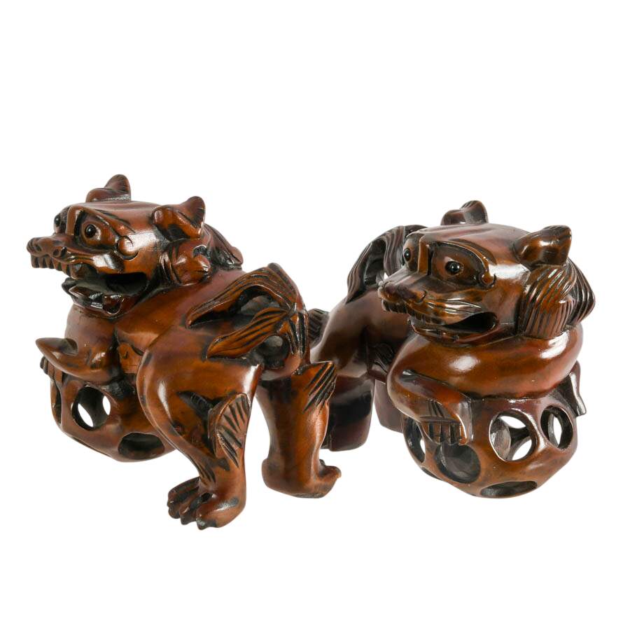 Pair of Hand-Carved Chinese Hard Wood Imperial Lions Figures-4