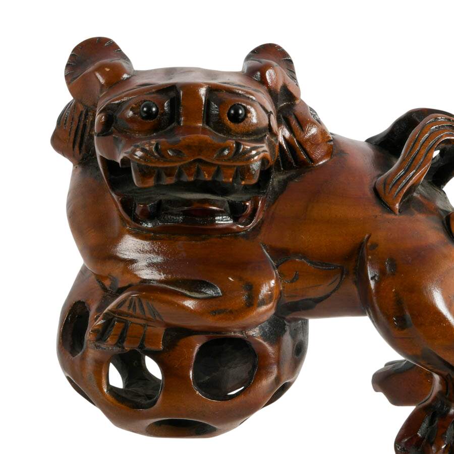 Pair of Hand-Carved Chinese Hard Wood Imperial Lions Figures-3