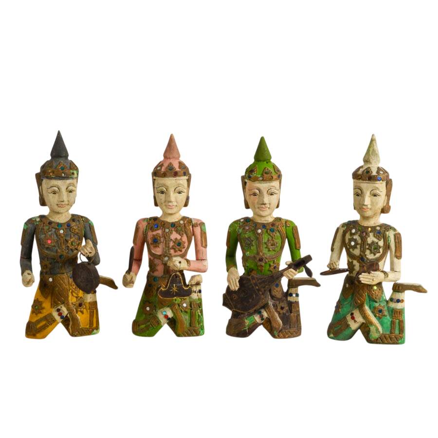 Antique Burmese Wooden Musician Figurines-1