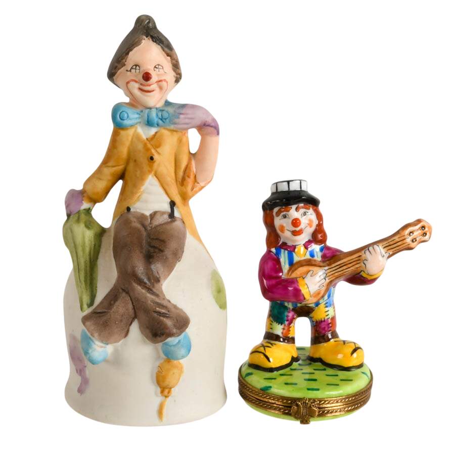 Four Mixed Material Clown Statues Including One Limoges Trinket Box-4
