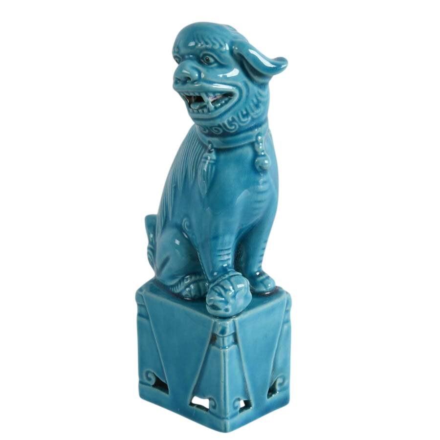 Single Turquoise Blue Glazed Porcelain Imperial Lion Statuette-3