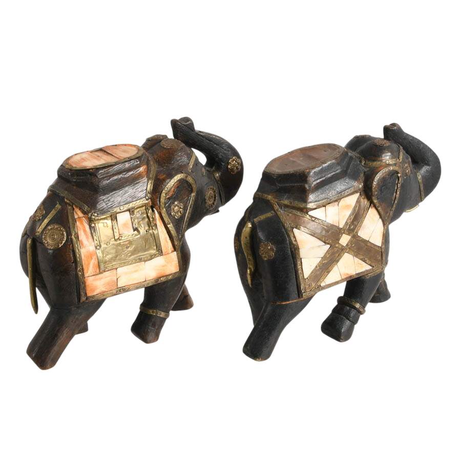 Pair of Hand-Carved Indian Bone Inlay Elephants-4