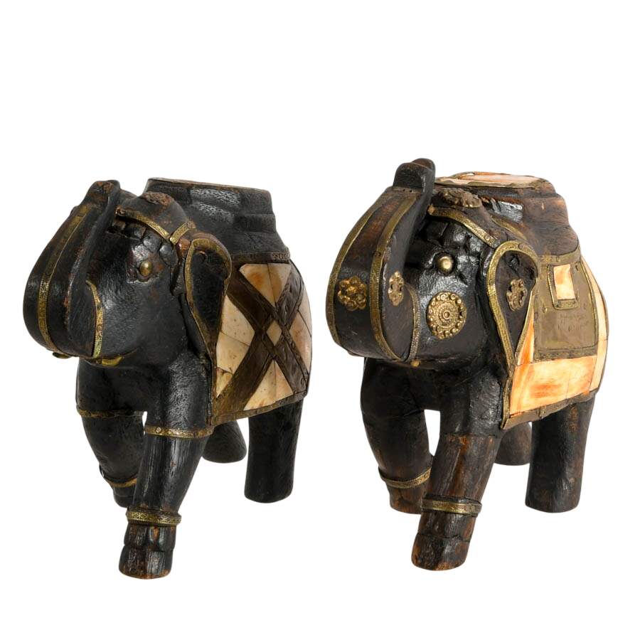 Pair of Hand-Carved Indian Bone Inlay Elephants-2