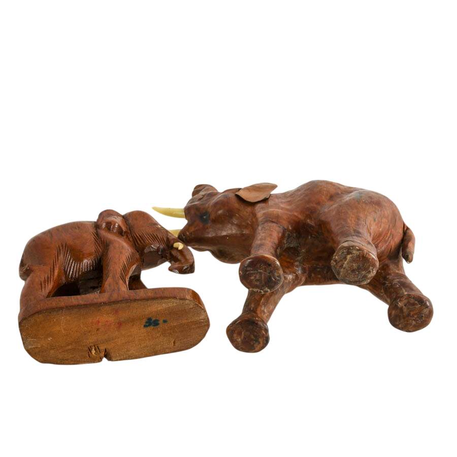 Pair of Hand-Carved Wood and Leather Elephants-10