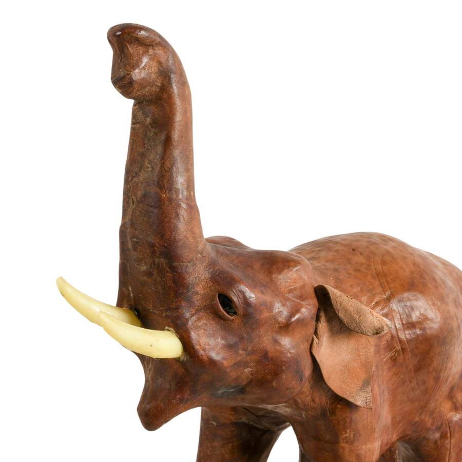 Pair of Hand-Carved Wood and Leather Elephants-5