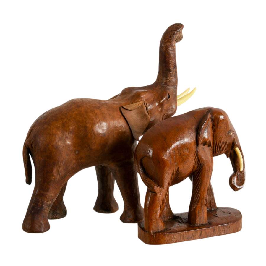 Pair of Hand-Carved Wood and Leather Elephants-4