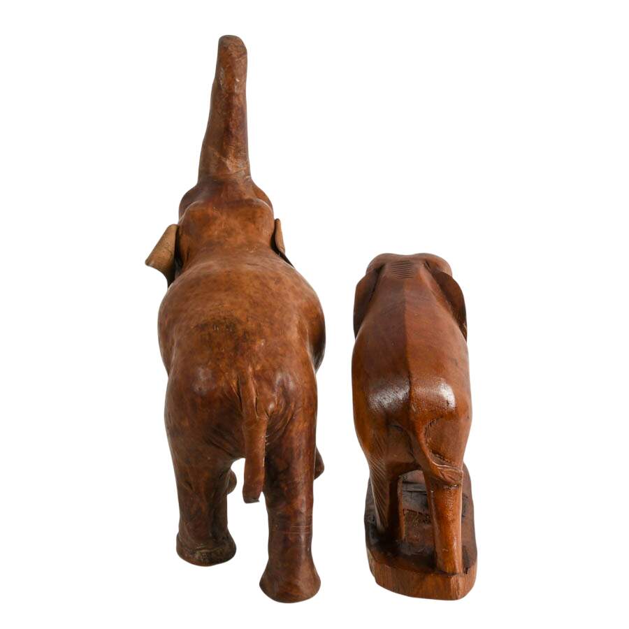 Pair of Hand-Carved Wood and Leather Elephants-3