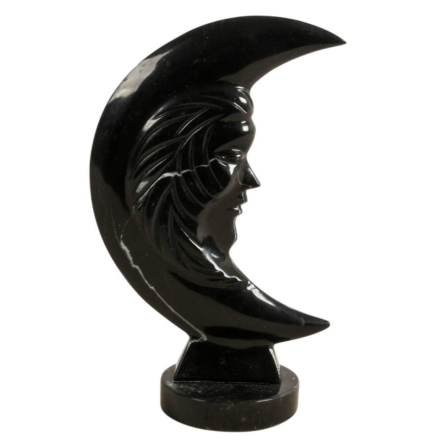 Carved Mexican Black Onyx Double-Sided Moon Face Sculpture-1