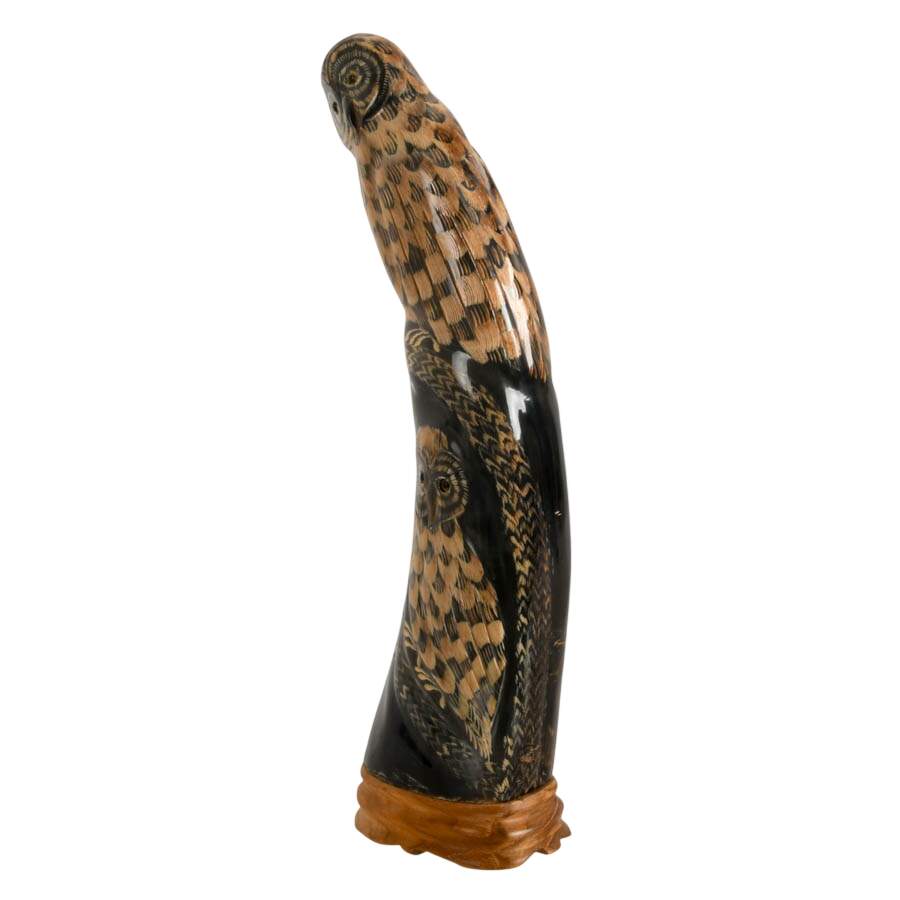 Hand-Carved Natural Buffalo Horn Owl Sculpture-2