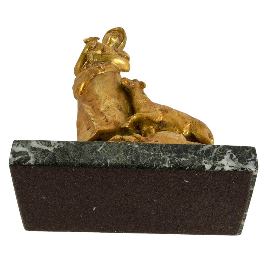 French Gilt Bronze Shepherdess on Marble Base After Charles Korschann-8