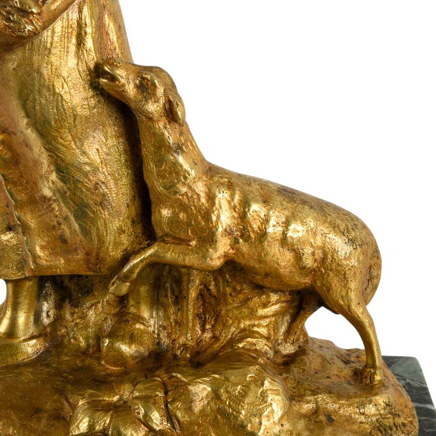 French Gilt Bronze Shepherdess on Marble Base After Charles Korschann-7