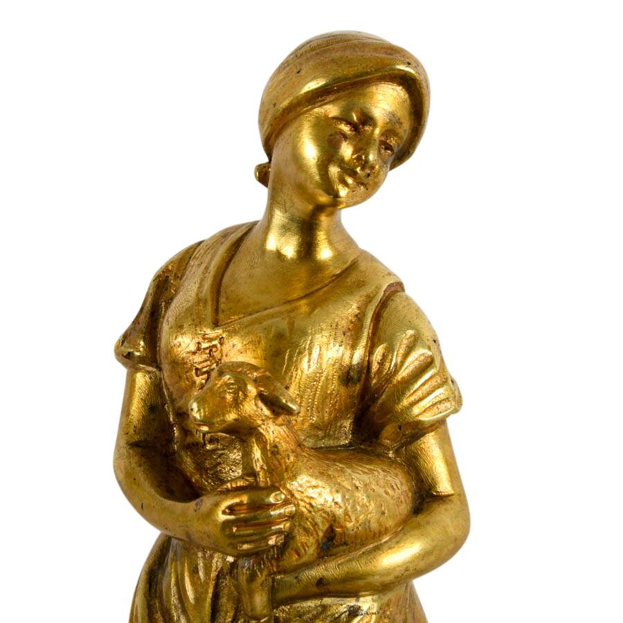 French Gilt Bronze Shepherdess on Marble Base After Charles Korschann-5