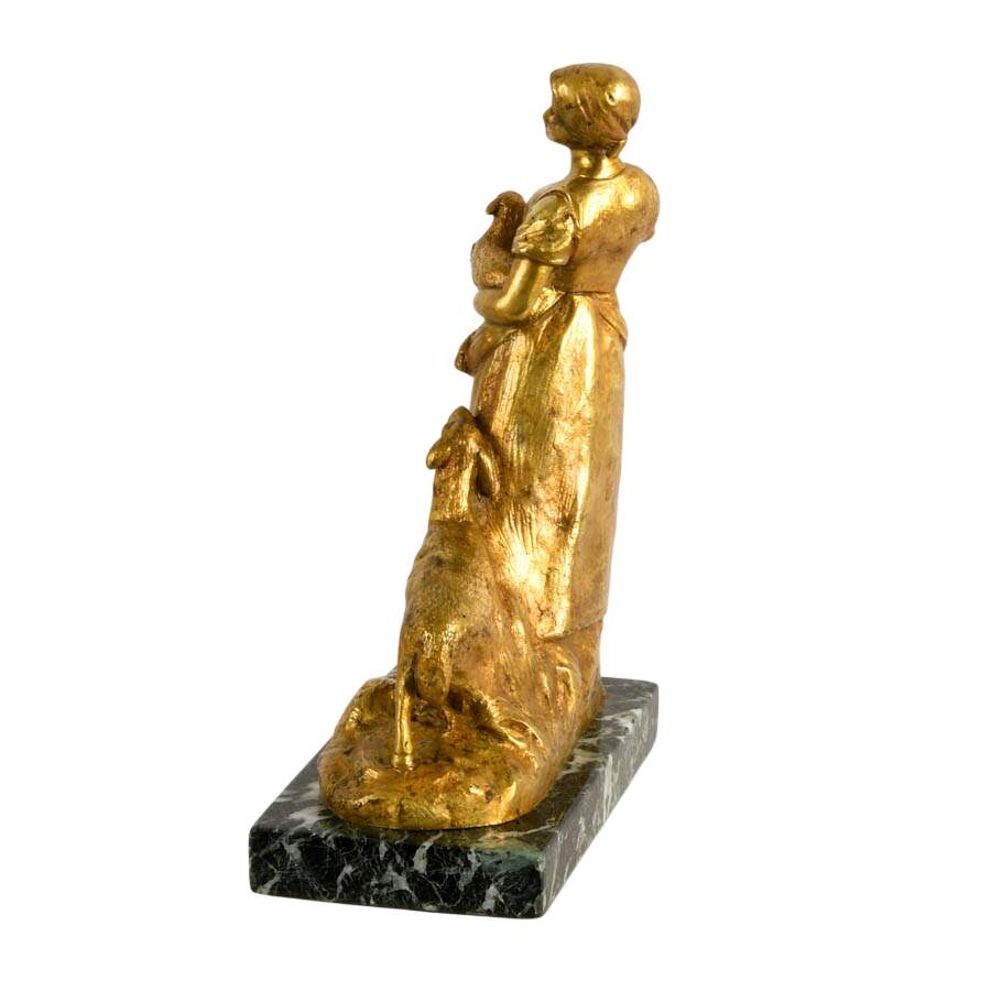 French Gilt Bronze Shepherdess on Marble Base After Charles Korschann-3