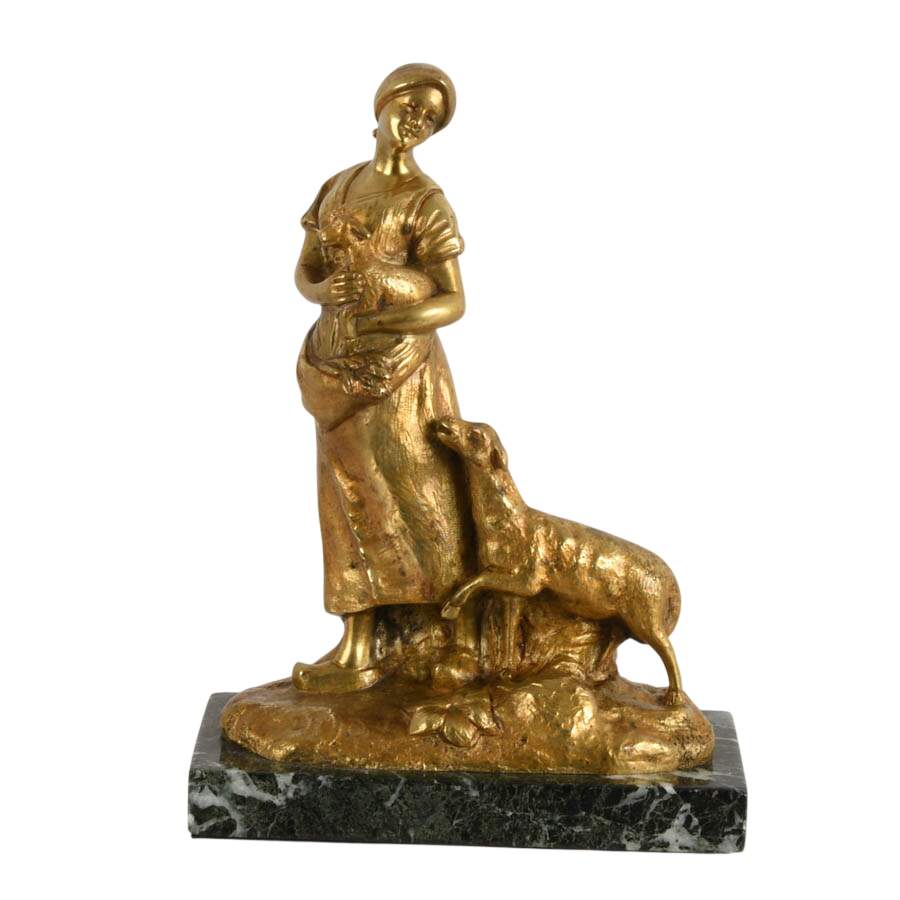 French Gilt Bronze Shepherdess on Marble Base After Charles Korschann-1