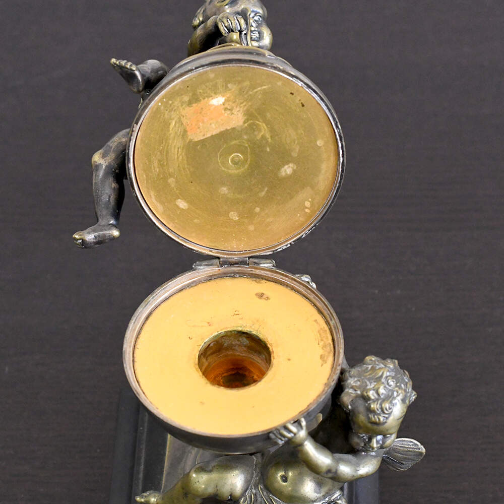 Unsigned Antique Mapmaking Cherubs Figural Bronze Inkwell-10