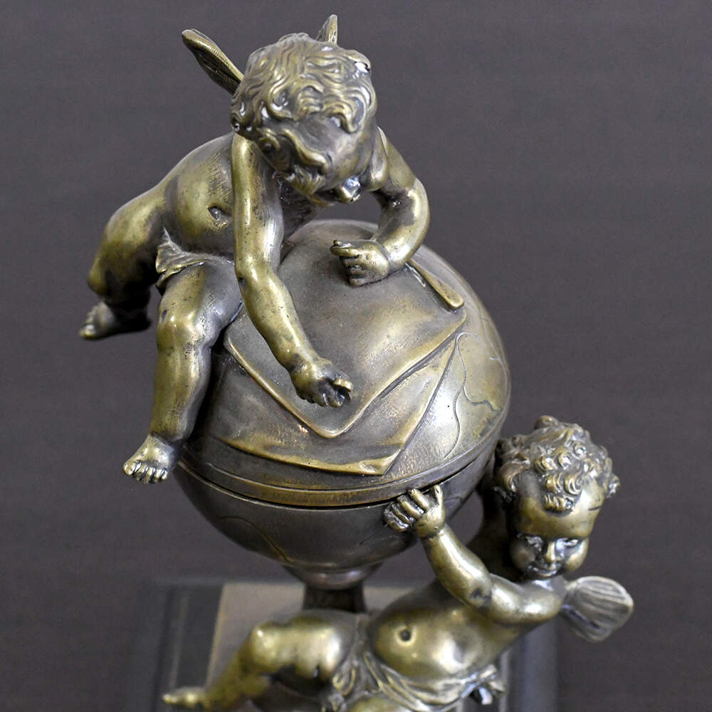 Unsigned Antique Mapmaking Cherubs Figural Bronze Inkwell-5