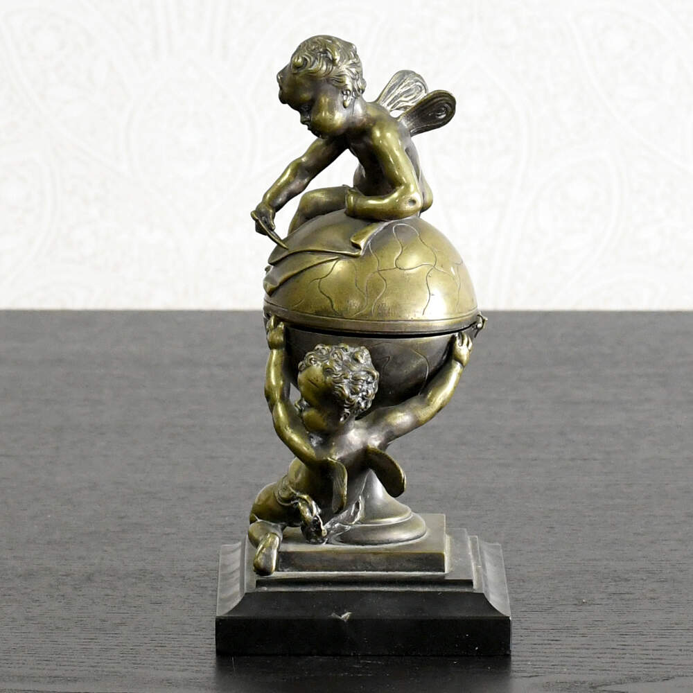 Unsigned Antique Mapmaking Cherubs Figural Bronze Inkwell-2