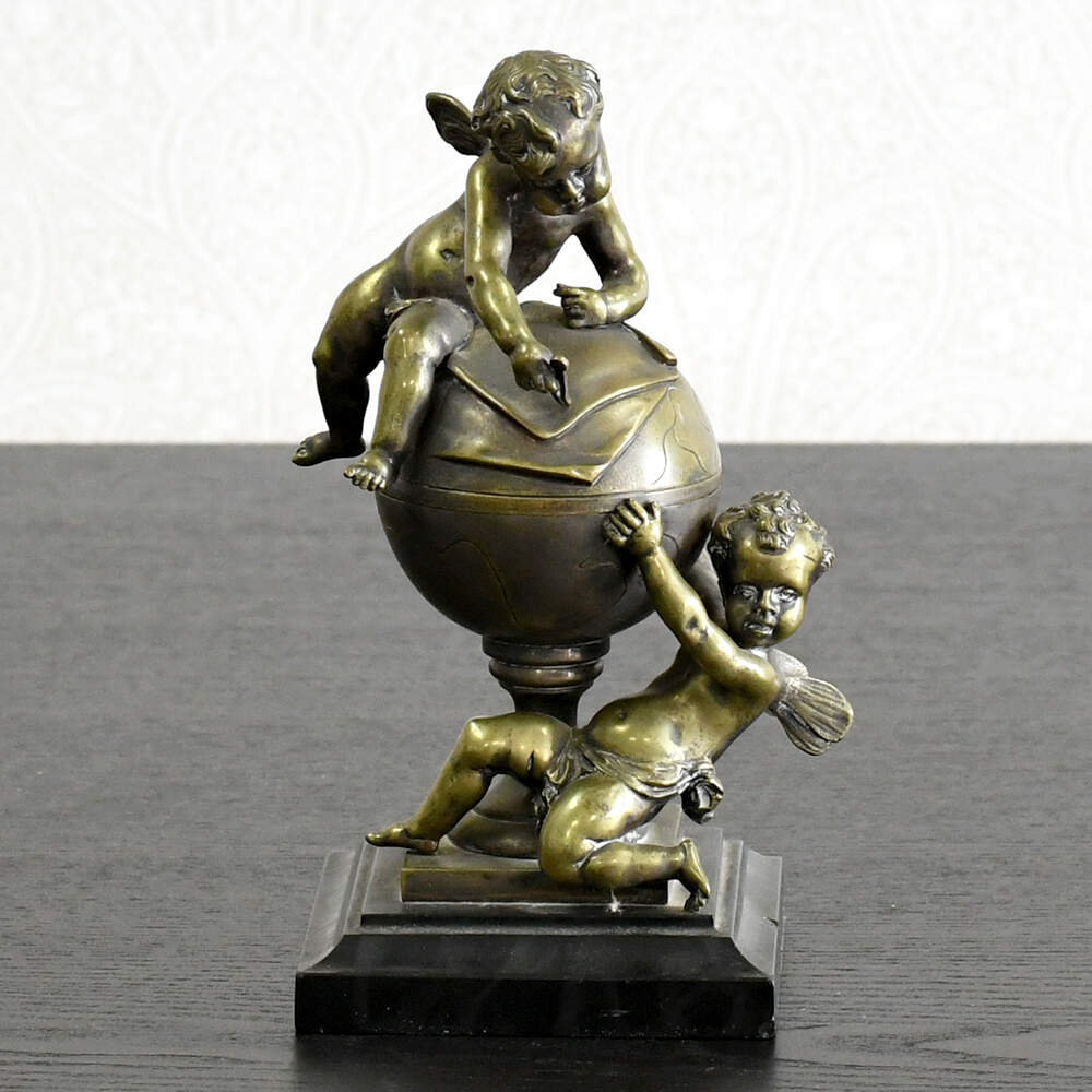Unsigned Antique Mapmaking Cherubs Figural Bronze Inkwell-1