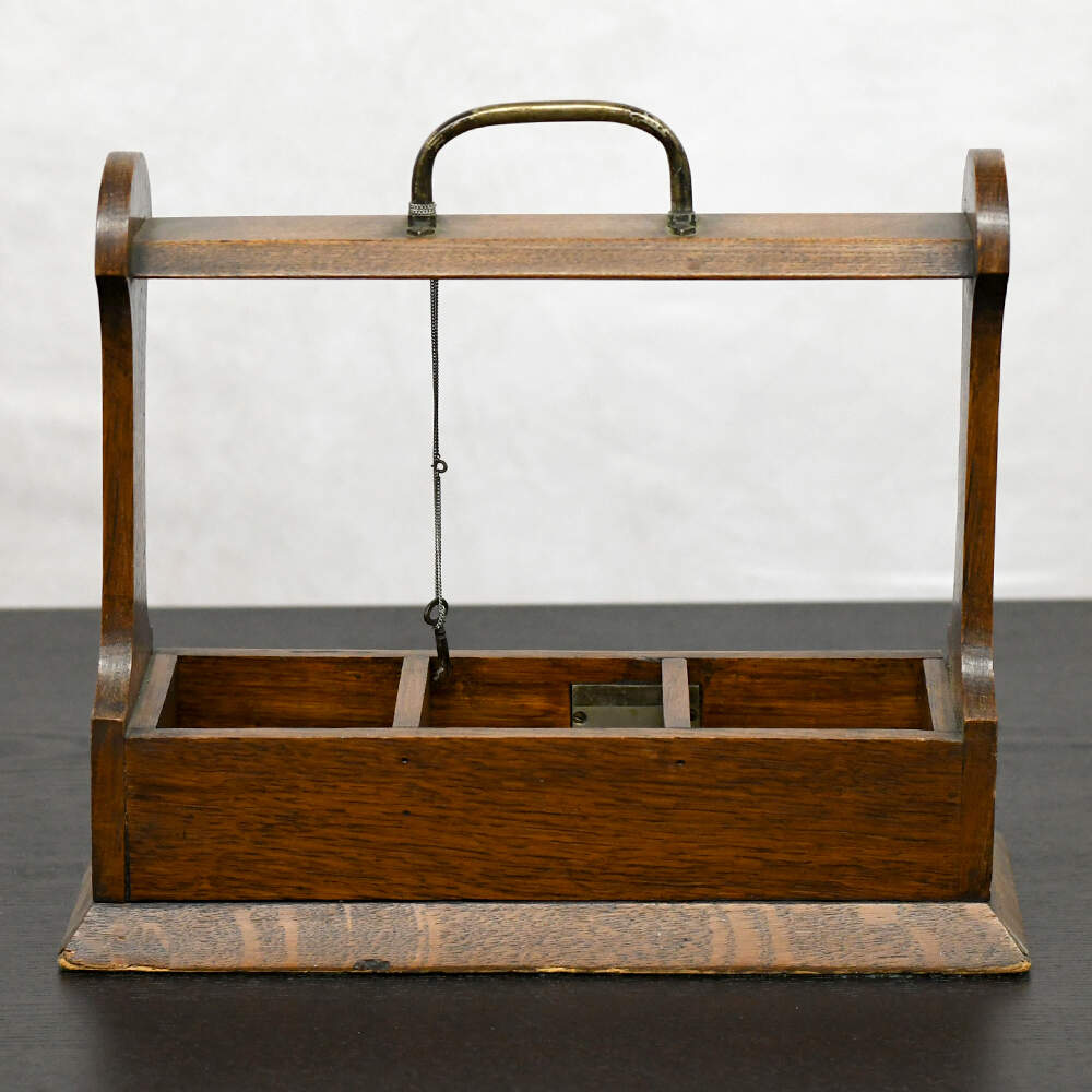 Antique Locking Tantalus English Oak Triple Glass Decanter Case-4