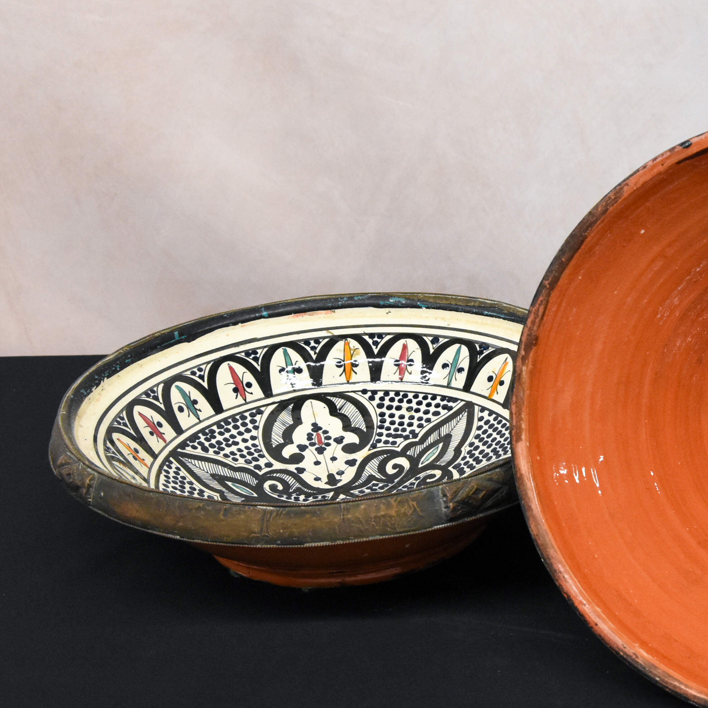 Antique Middle Eastern Moroccan Ceramic Painted Tajine with Lid-6