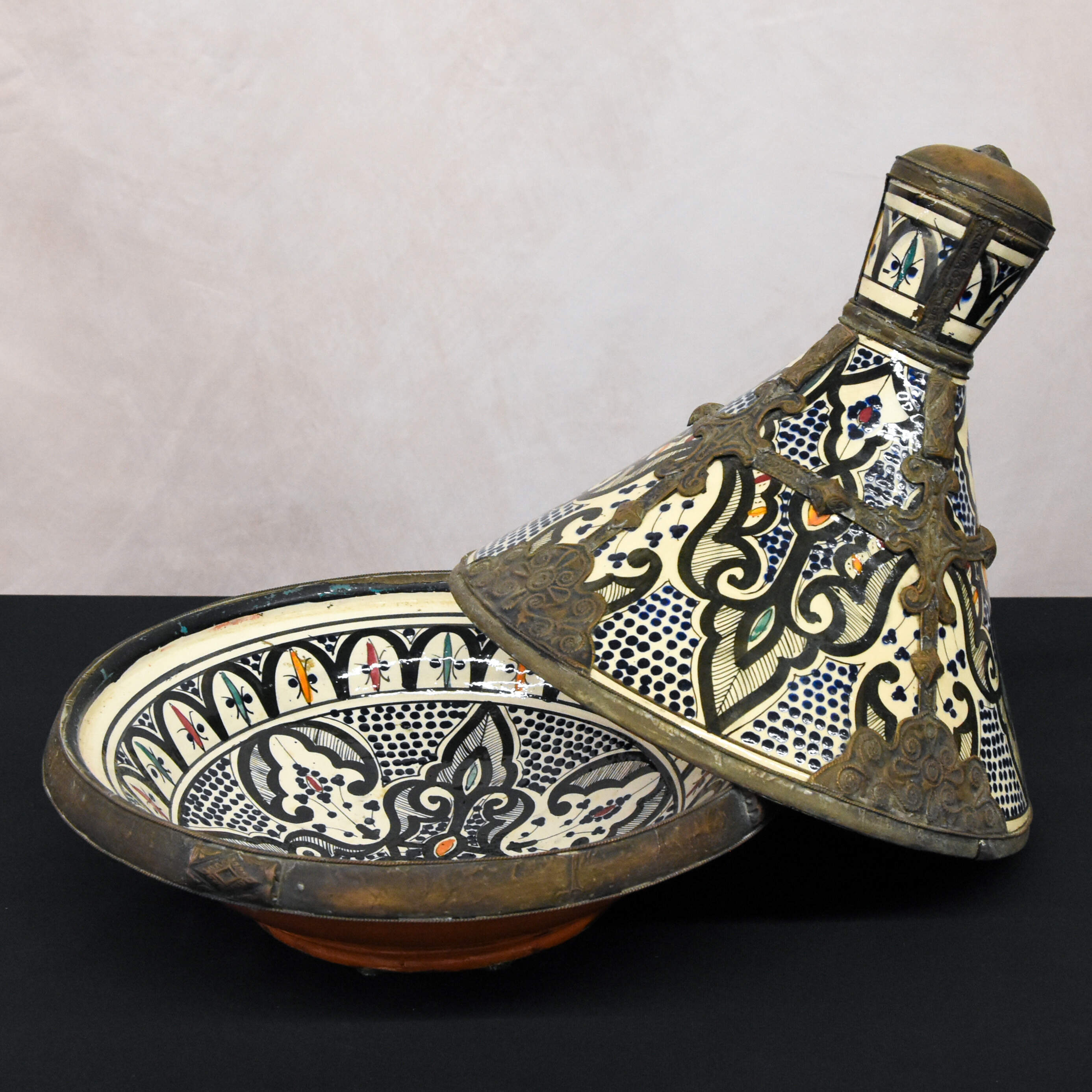 Antique Middle Eastern Moroccan Ceramic Painted Tajine with Lid-4