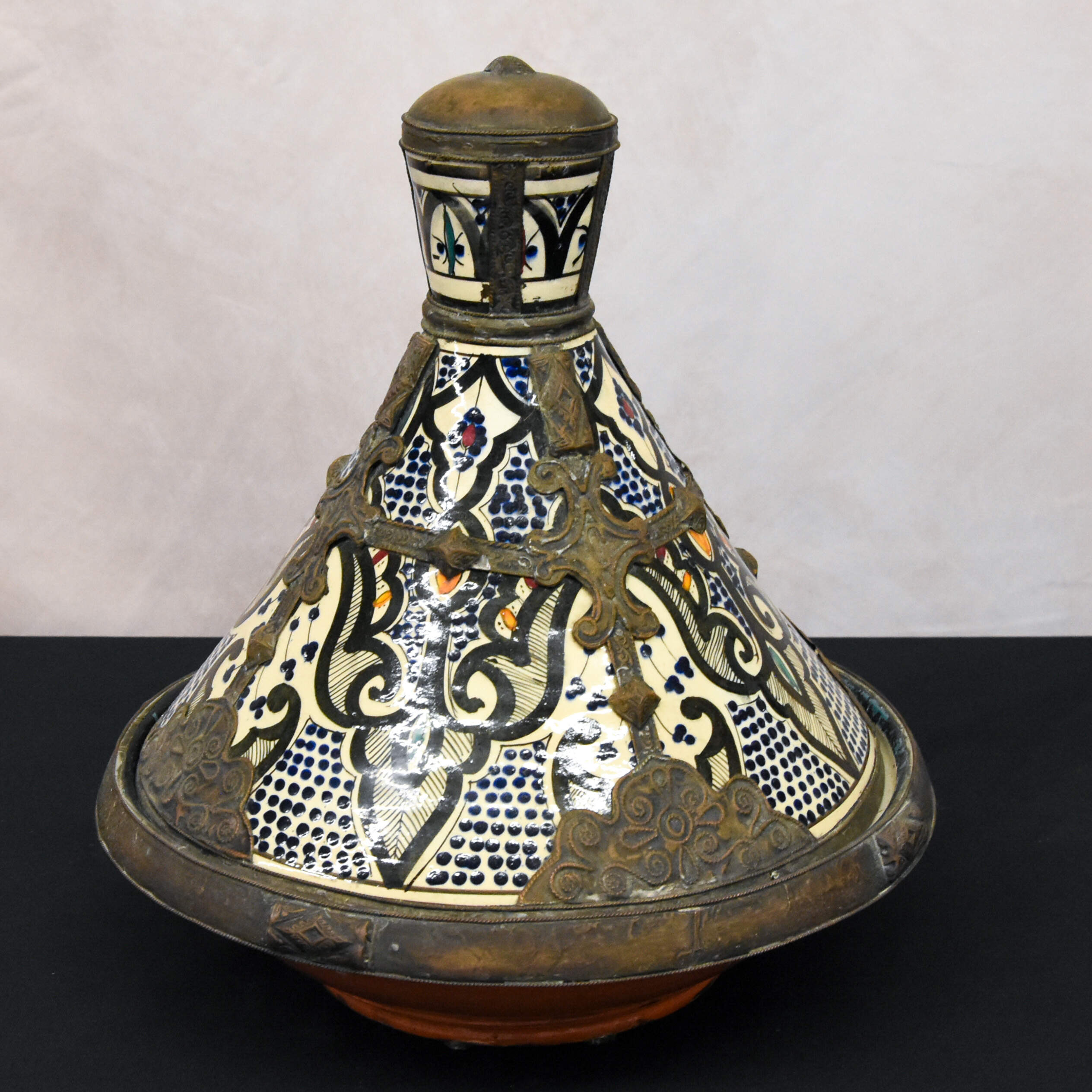 Antique Middle Eastern Moroccan Ceramic Painted Tajine with Lid-3