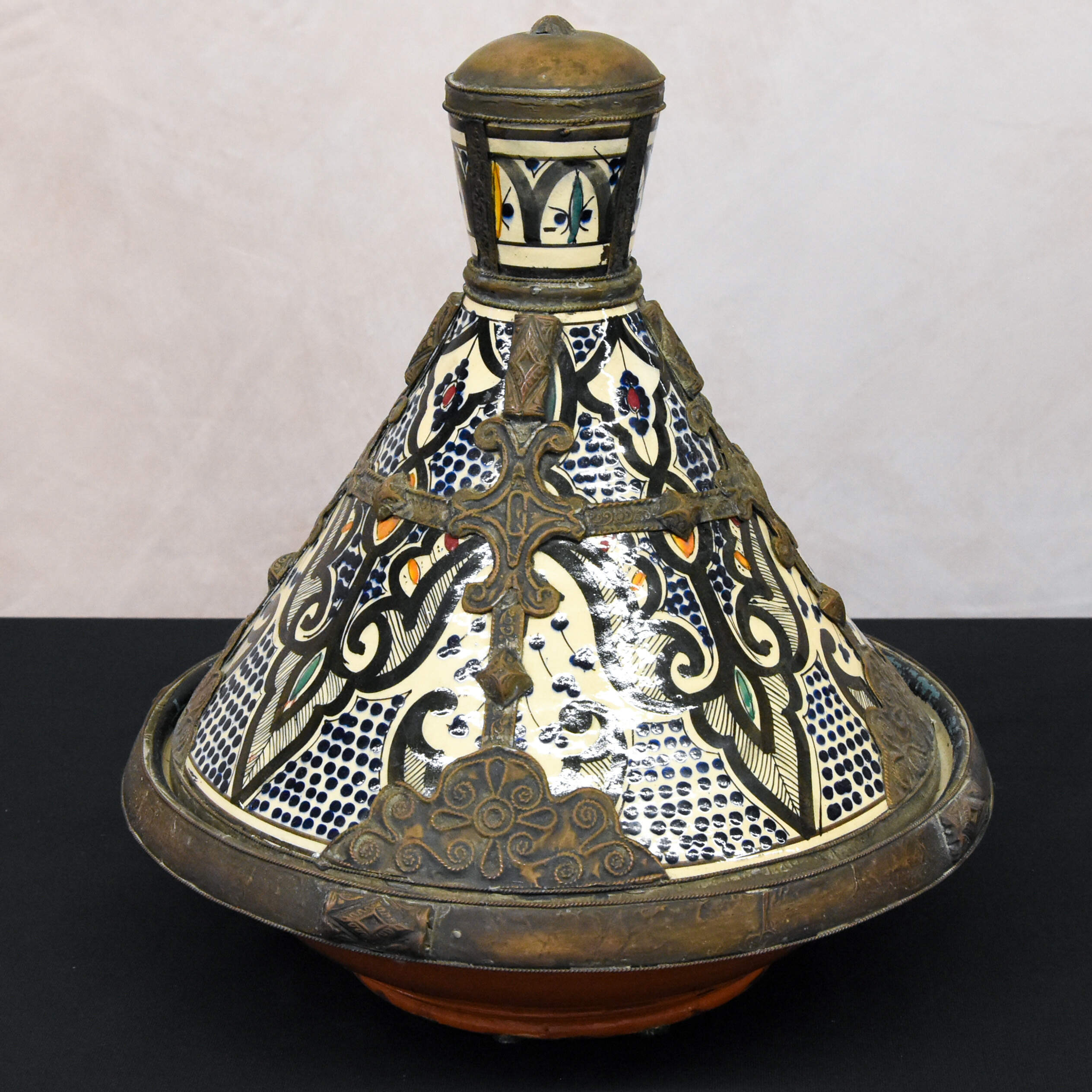 Antique Middle Eastern Moroccan Ceramic Painted Tajine with Lid-2