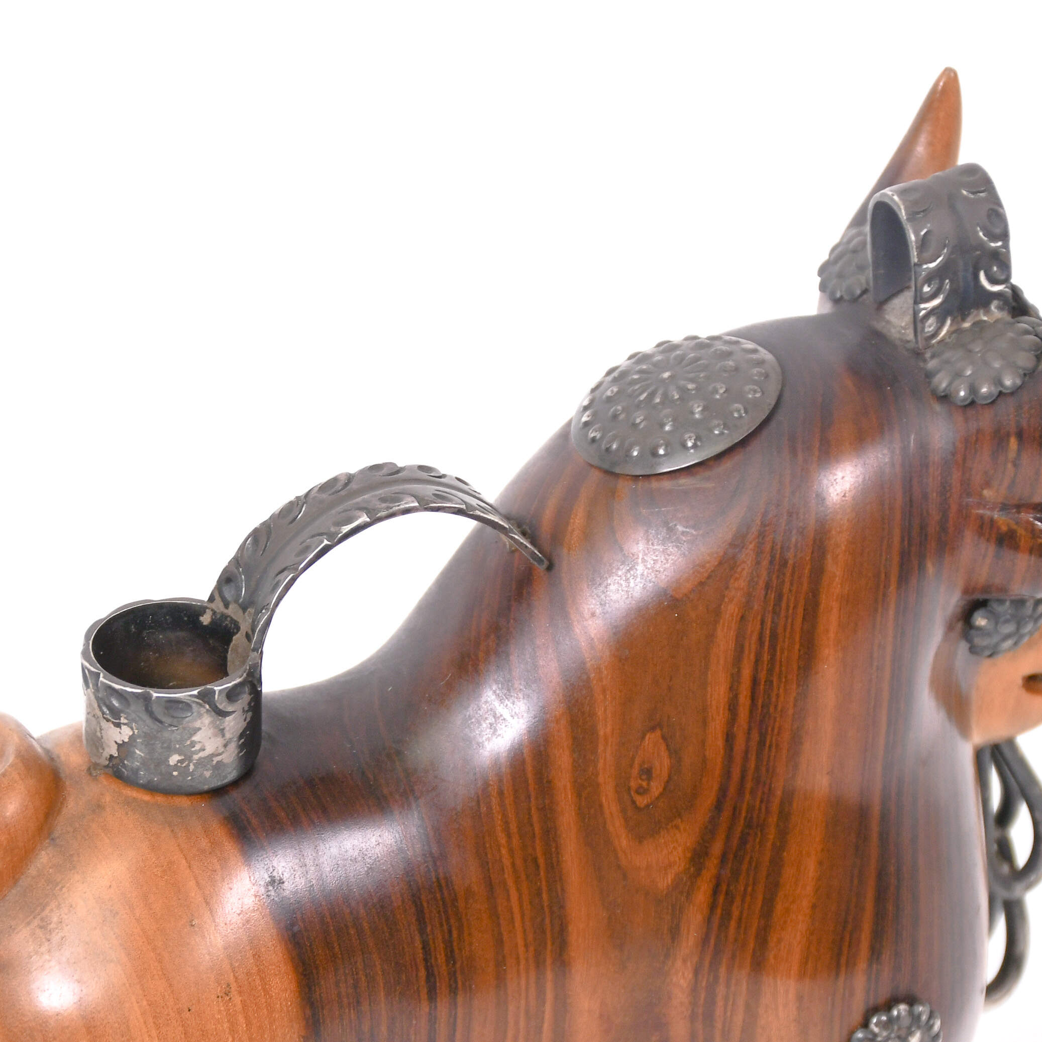 Mid-Century Modern Mahogany & Silver Torito de Pucara Bull Statue-10