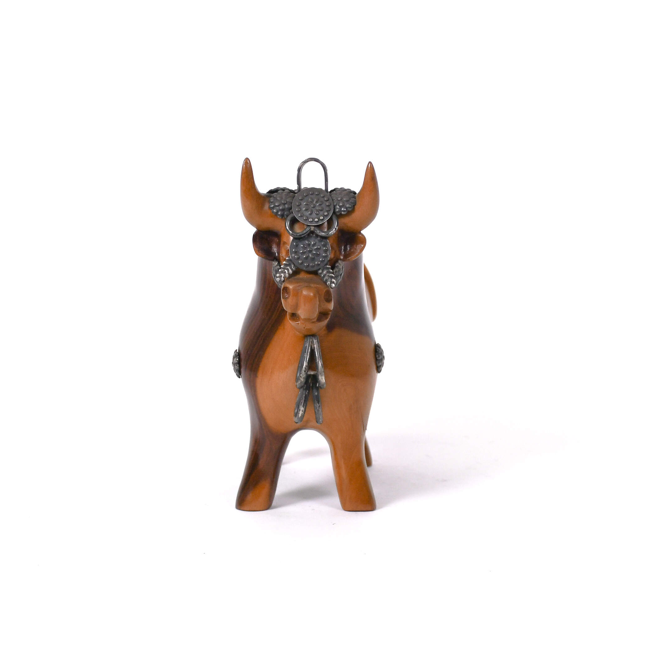 Mid-Century Modern Mahogany & Silver Torito de Pucara Bull Statue-5