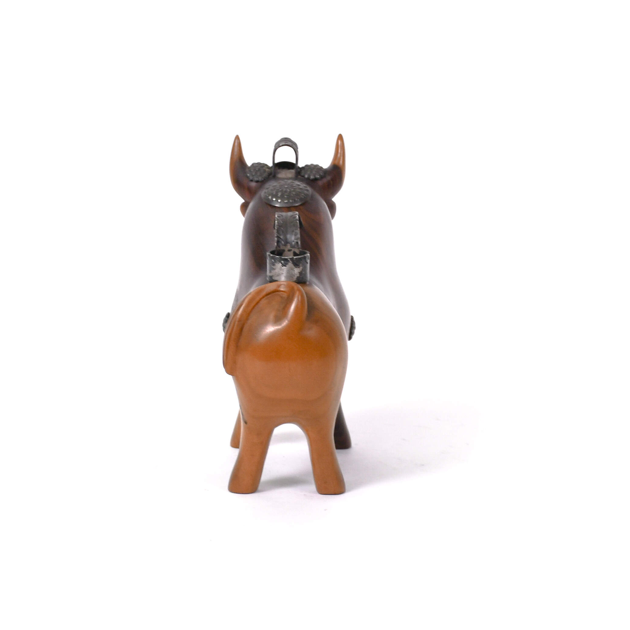 Mid-Century Modern Mahogany & Silver Torito de Pucara Bull Statue-3