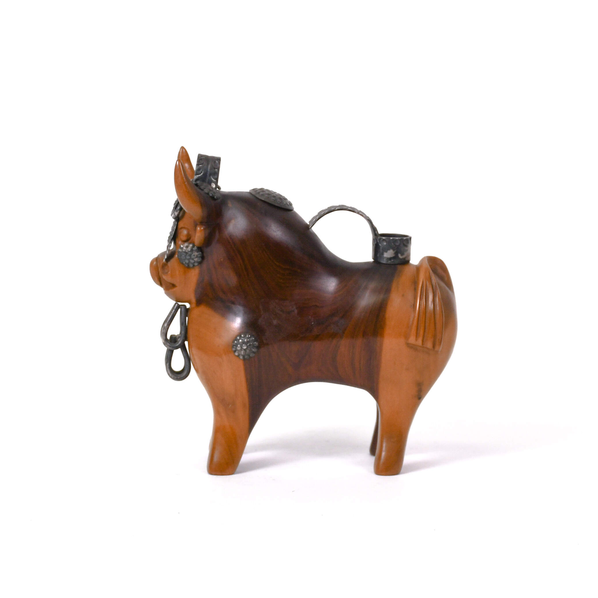Mid-Century Modern Mahogany & Silver Torito de Pucara Bull Statue-2